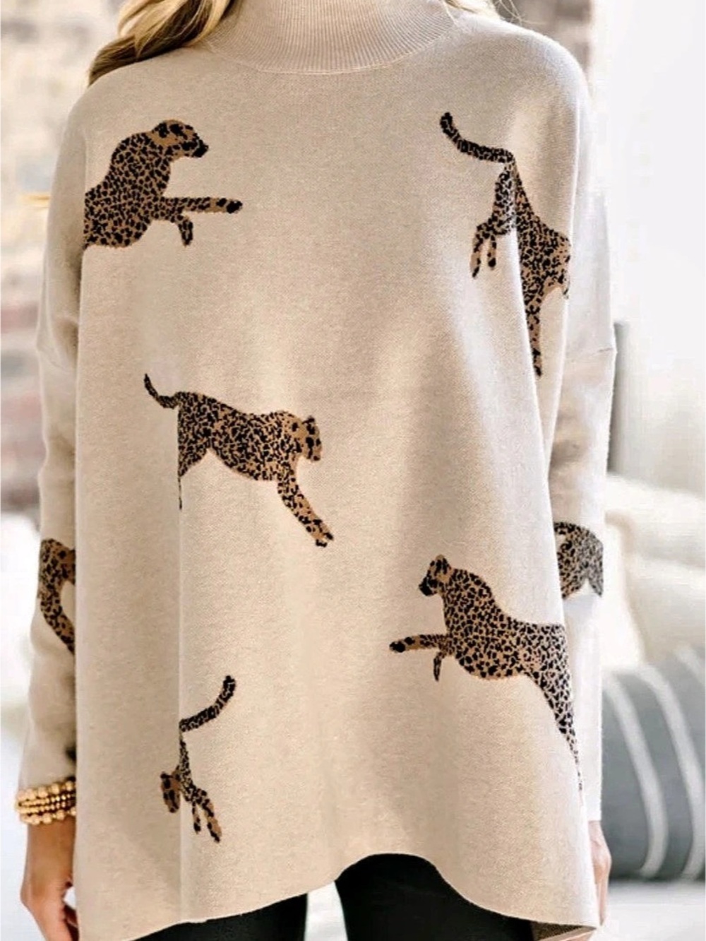 Animal Leopard Cheetah Print Crewneck Sweater in Cream